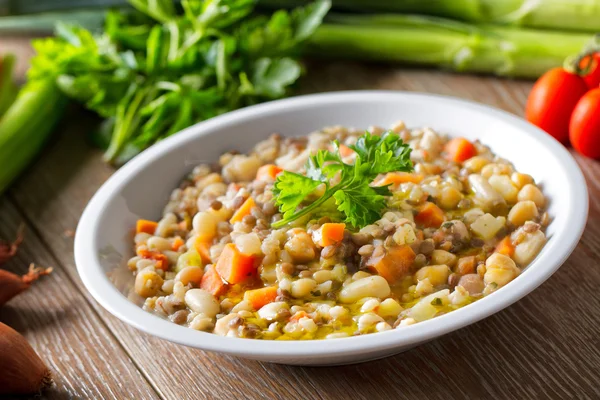 Vegetable soup on table — Stock Image Vegetable soup on table Royalty Free Stock Images