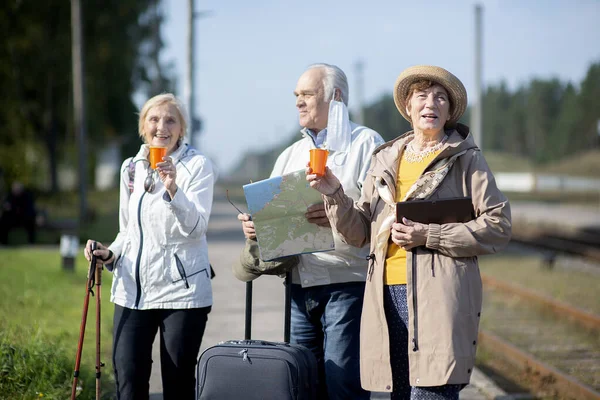 Grupo Pessoas Idosas Positivas Olhando Para Mapa Viagem Durante Pandemica — Fotografia de Stock