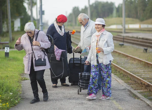 Grupo Idosos Positivos Pessoas Idosas Que Esperam Trem Antes Viajar — Fotografia de Stock