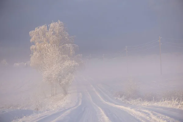 Paysage Hivernal Route Enneigée Près Des Bois Couvert Neige Givre — Photo