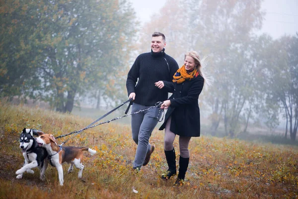 Sonbahar parkında koşan iki köpeği olan mutlu bir aile çifti.
