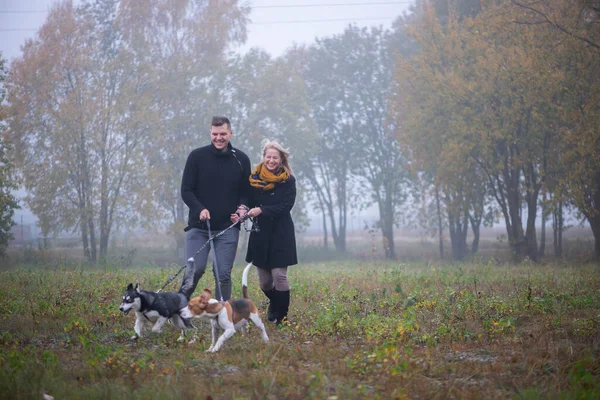Glückliches Junges Familienpaar Mit Zwei Hunden Läuft Herbstpark — Stockfoto