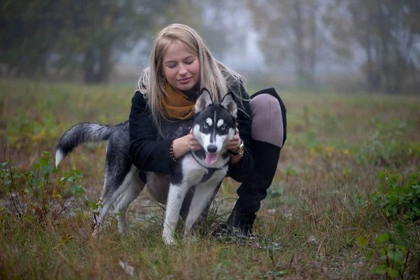 秋の間に市内公園で遊んで美しいですシベリアンハスキー犬を持つ若い女性 — ストック写真