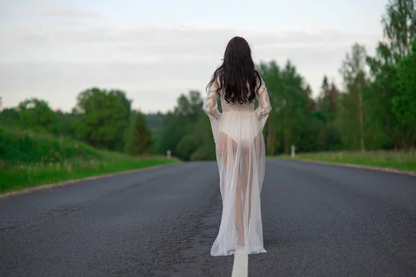 Rear View Young Woman White Sexy Dress Standing Empty Asphalt — Stock Photo, Image