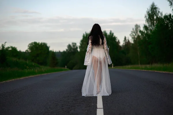 Rear View Young Woman White Sexy Dress Standing Empty Asphalt — Stock Photo, Image