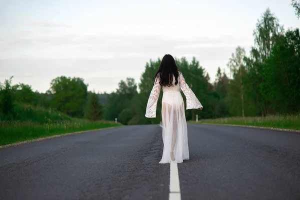 Rear View Young Woman White Sexy Dress Standing Empty Asphalt — Stock Photo, Image