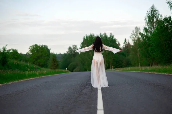 Rear View Young Woman White Sexy Dress Standing Empty Asphalt — Stock Photo, Image