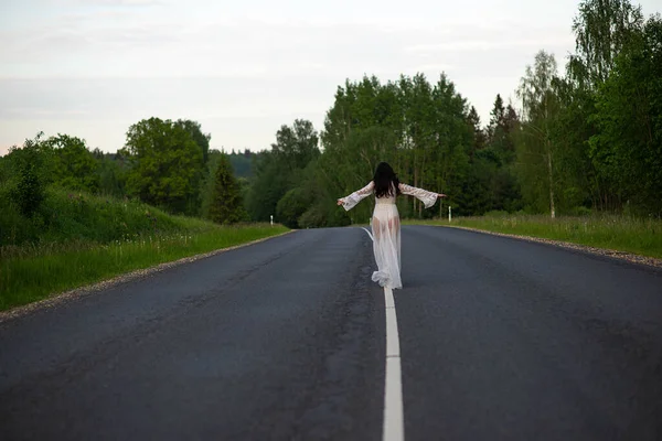 Rear View Young Woman White Sexy Dress Standing Empty Asphalt — Stock Photo, Image