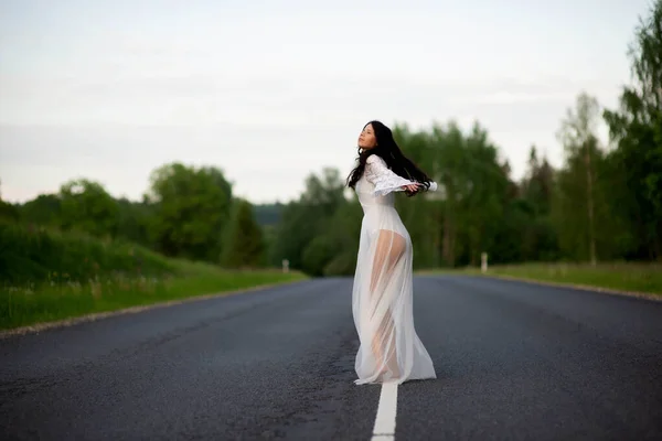 Rear View Young Woman White Sexy Dress Standing Empty Asphalt — Stock Photo, Image