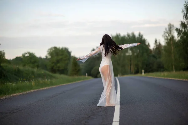 Rear View Young Woman White Sexy Dress Standing Empty Asphalt — Stock Photo, Image