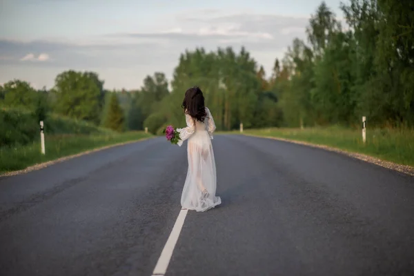 Rear View Young Woman White Sexy Dress Standing Empty Asphalt — Stockfoto