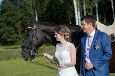 Yeni evli çift, doğada güzel büyük bir atla yaz güneşli bir günde ayakta duruyor.