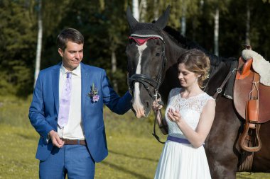 Yeni evli çift, doğada güzel büyük bir atla yaz güneşli bir günde ayakta duruyor.