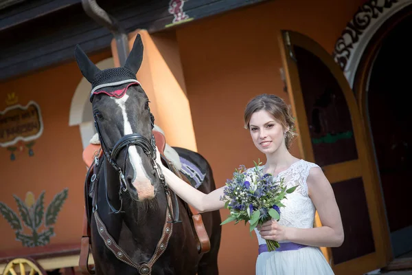 Beautiful Portrait Woman Bride Horse Wedding Day — Stock Photo, Image