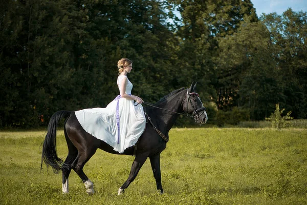 Schönes Porträt Einer Braut Mit Pferd Hochzeitstag — Stockfoto