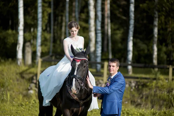 Bruiloft Outdoor Portret Mooie Aantrekkelijke Bruid Rijdt Het Paard Uit — Stockfoto