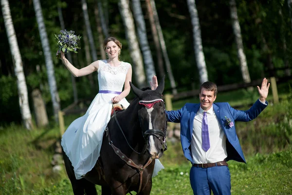 Bröllop Utomhus Porträtt Den Vackra Attraktiva Bruden Att Befria Hästen — Stockfoto