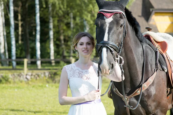 Beautiful Portrait Woman Bride Horse Wedding Day — Stock Photo, Image