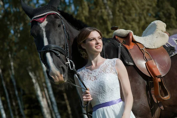 Mooi Portret Van Vrouw Bruid Met Paard Trouwdag — Stockfoto