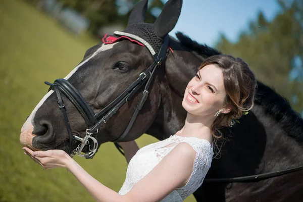 Mooi Portret Van Vrouw Bruid Met Paard Trouwdag — Stockfoto