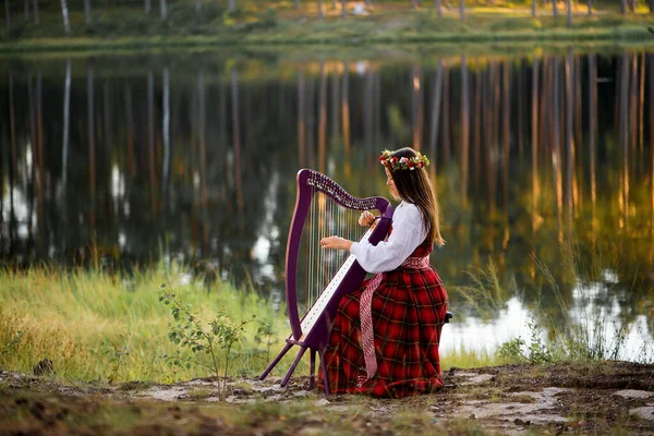 Portrait of a woman with a purple celtic harp.Beautiful brown-haired female with a flower wreath on her head, wearing a national costume playing the celtic harp in the forest.