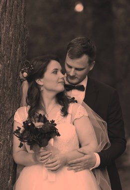 Gelin ve damadın tonlu portresi bir ağacın altında duruyor, yumuşak doğal ışıkla çevrili sakin bir duygusal anı paylaşıyorlar..