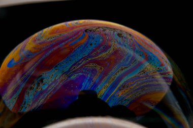 Sabun köpüğünün yüzeyindeki renkli ışık yansımasının yakın plan fotoğrafı