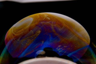 Sabun köpüğünün yüzeyindeki renkli ışık yansımasının yakın plan fotoğrafı