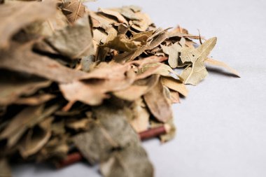 Kurutulmuş Hawthorn Yaprakları ve Çiçeklerinin Macro Still Hayatı (Crataegus spp.) Geleneksel Kalp Sağlığı Bitkilerinde Geniş Kullanım.