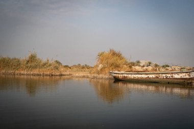 Yıpranmış, geleneksel bir ahşap balıkçı teknesi Shatt el-Arap Su Yolu 'nun çamurlu kıyı şeridinde demirli ve dinleniyor..