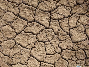 Çatlak kuru toprağın yakın çekim görüntüsü, çatlakların ve dokuların bir desenini gösteriyor.