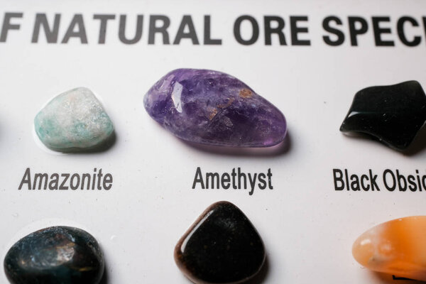 Close-up of labeled polished gemstones on a display card, featuring a purple amethyst and other stones on white background