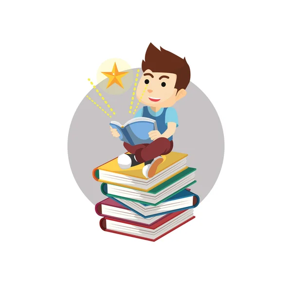 Junge liest Buch auf Bücherstapel — Stockvektor