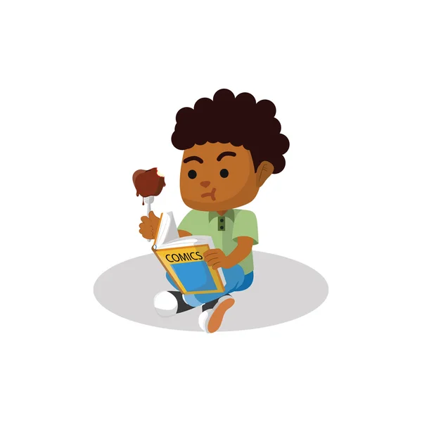 Niño comiendo chocolate y leyendo libro — Vector de stock