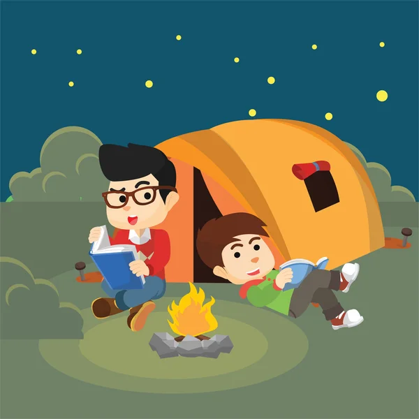 Niño leyendo libro cuando campamento nocturno — Archivo Imágenes Vectoriales