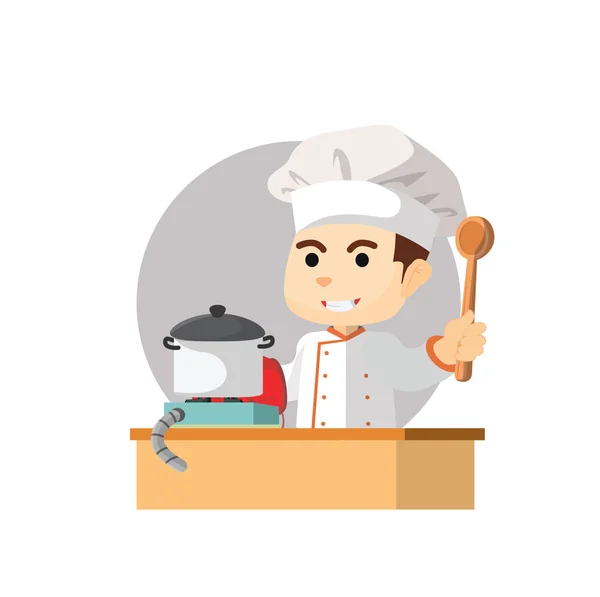 Boy trying to cook soup — Stock Vector