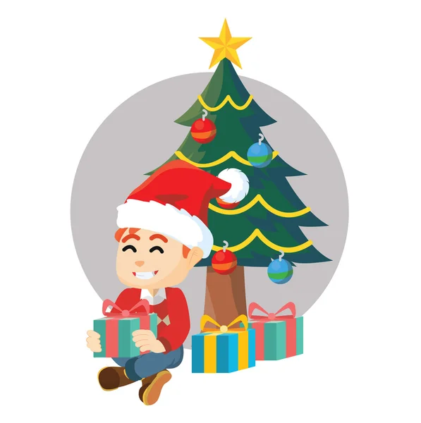 Αγόρι ανοικτή δώρο με χριστουγεννιάτικα δέντρα — Διανυσματικό Αρχείο