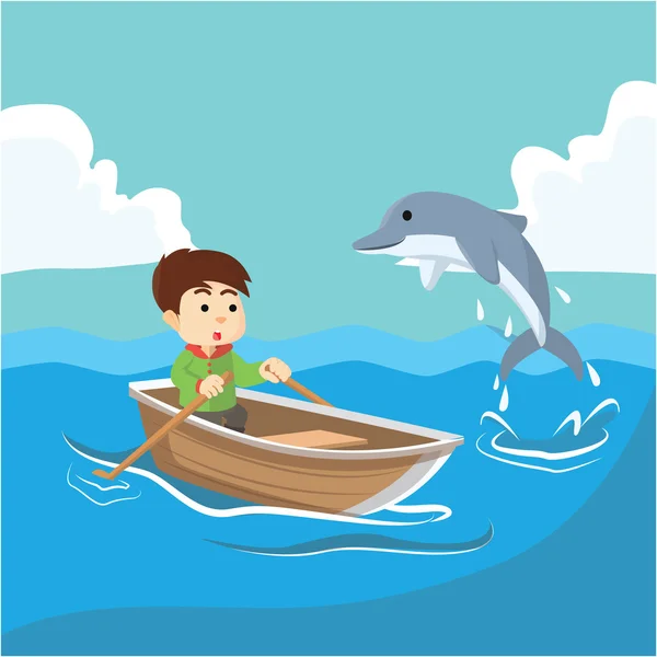 Boy at sea with dolphin — Stock Vector