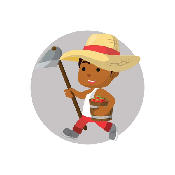 Niño caminando con azada cuando el día de la cosecha — Vector de stock