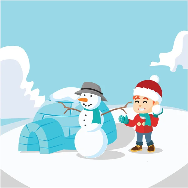 男孩，雪男人和圆顶冰屋屋 — 图库矢量图片