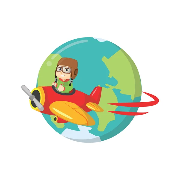 Chico despegando avión alrededor del mundo — Vector de stock