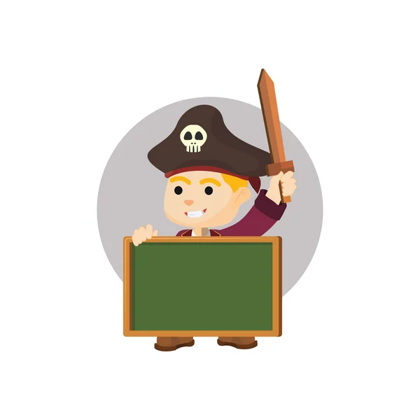 Pirata niño sosteniendo pizarra — Vector de stock