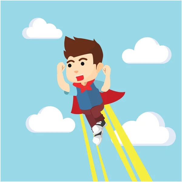 Boy using super hero costume to the sky — Stock Vector