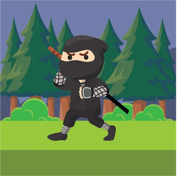 Menino usando traje Ninja na floresta de madeira — Vetor de Stock
