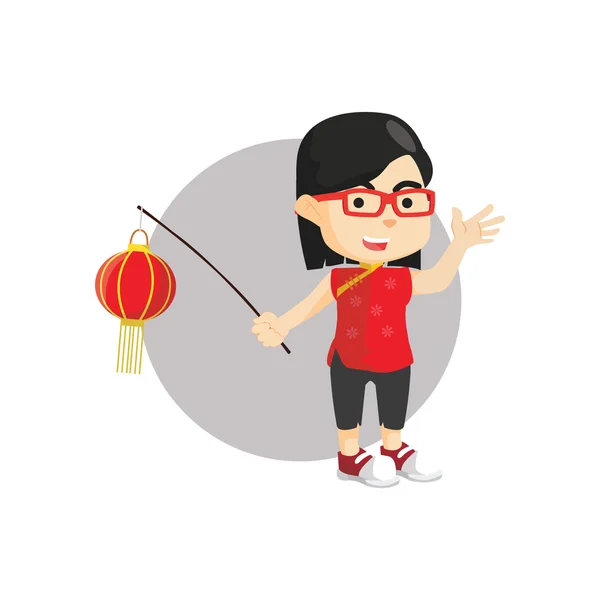 Chica usando tela china sosteniendo latern — Vector de stock