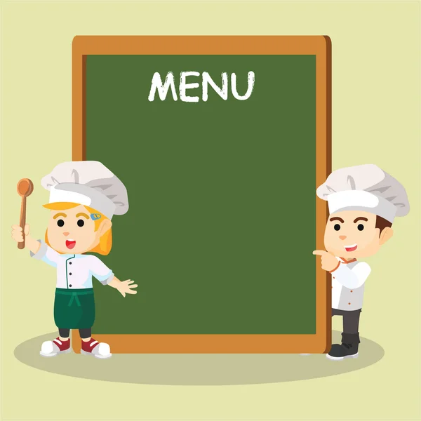Chef chico y chica con menú — Vector de stock