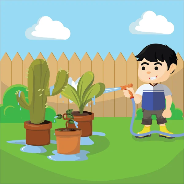 Chlapec zalévání rostlin s hadicí — Stockový vektor