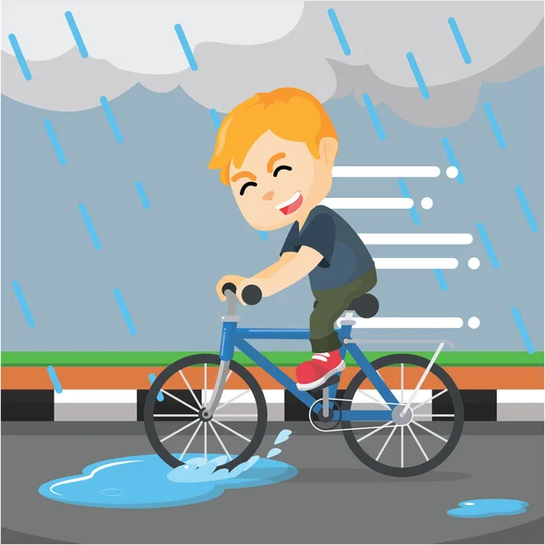Boy riding bike in rain — Stock Vector