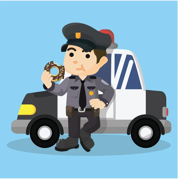 Детская полиция ест пончики перед машиной — стоковый вектор