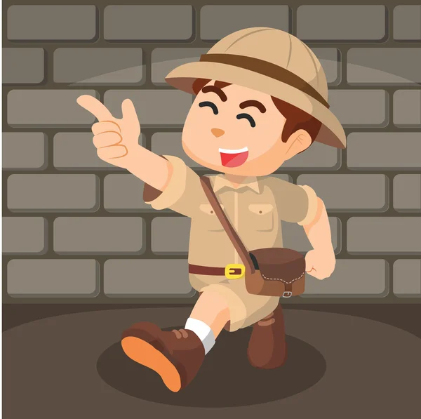 Boy explorer apuntando ilustración de dibujos animados — Vector de stock